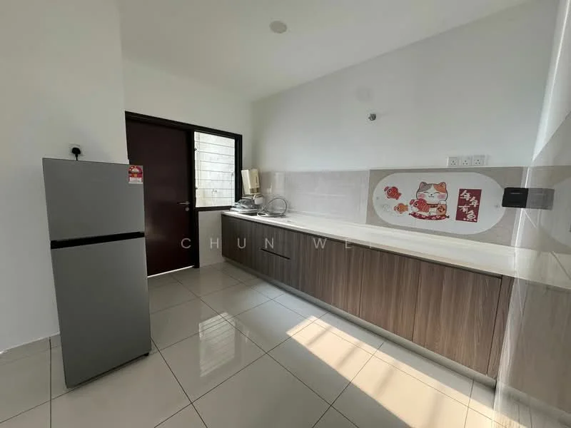 Kitchen features: grey stainless-steel fridge, laminate cabinetry in wood finish, white countertop, ceramic tile flooring, wall-mounted sink, single-bowl stainless-steel sink, chrome pull-down faucet, wall tiles with decorative pattern, window for natural light, recessed downlights; style: modern.