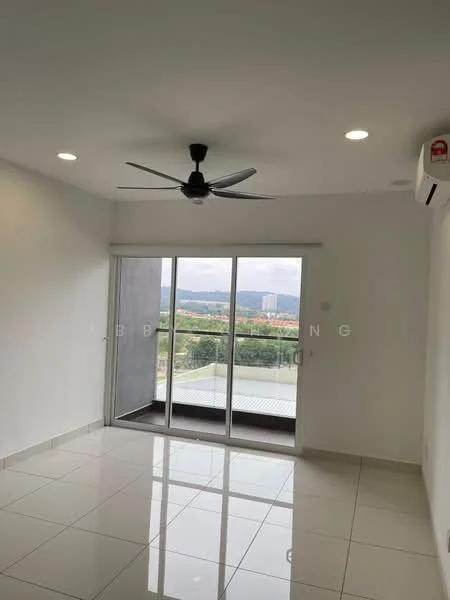 Living features: white painted walls, polished ceramic tile flooring, 5-blade ceiling fan with light, floor-to-ceiling sliding glass door, balcony view, wall-mounted split AC, recessed downlights; style: modern; view: city.