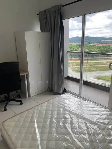Room features: floor-to-ceiling sliding glass door, grey curtains, white painted walls, tile flooring, desk with chair, white wardrobe, mattress on the floor, balcony view; style: modern; view: mountain.