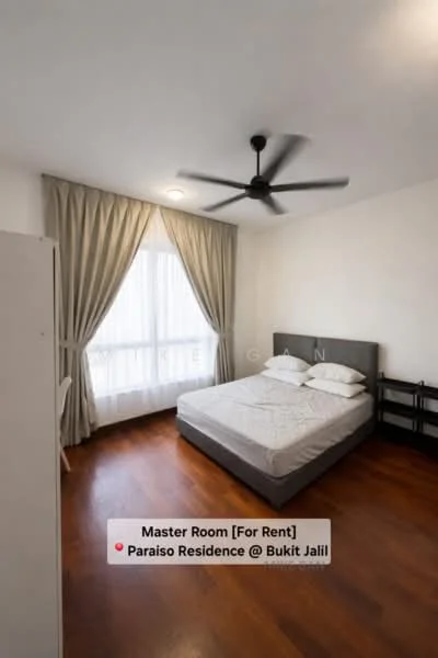 Bedroom features: king-size bed, upholstered headboard, 2 bedside tables, ceiling fan with light, floor-to-ceiling windows, sheer curtains, wooden flooring, decorative wall, built-in wardrobe; style: modern.