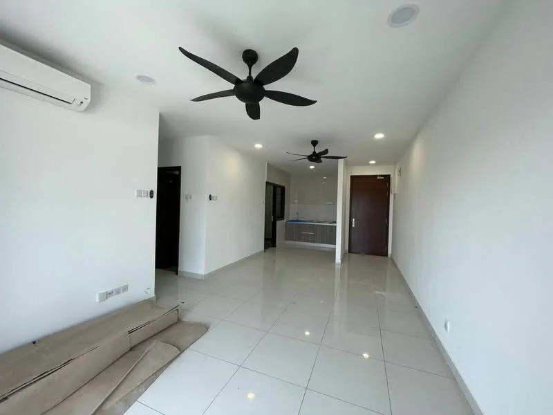 Living features: white painted walls, glossy ceramic tile flooring, 2 ceiling fans, recessed downlights, air conditioning unit, open layout, kitchen area visible in background, door leading to hallway; style: modern.
