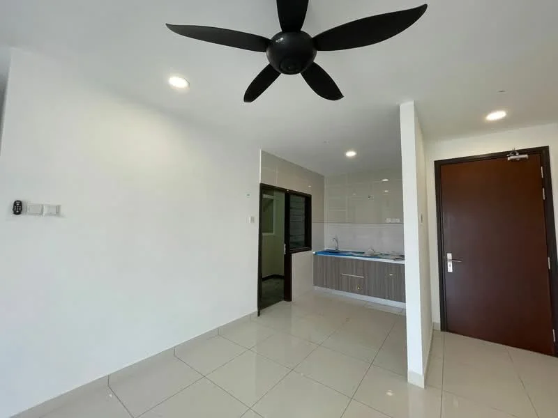 Room features: white painted walls, glossy ceramic tile flooring, 5-blade ceiling fan with light, recessed downlights, kitchen cabinetry with grey finish, countertop with blue protective covering, door with wood finish, open layout, visible kitchen area, no visible appliances; style: modern.