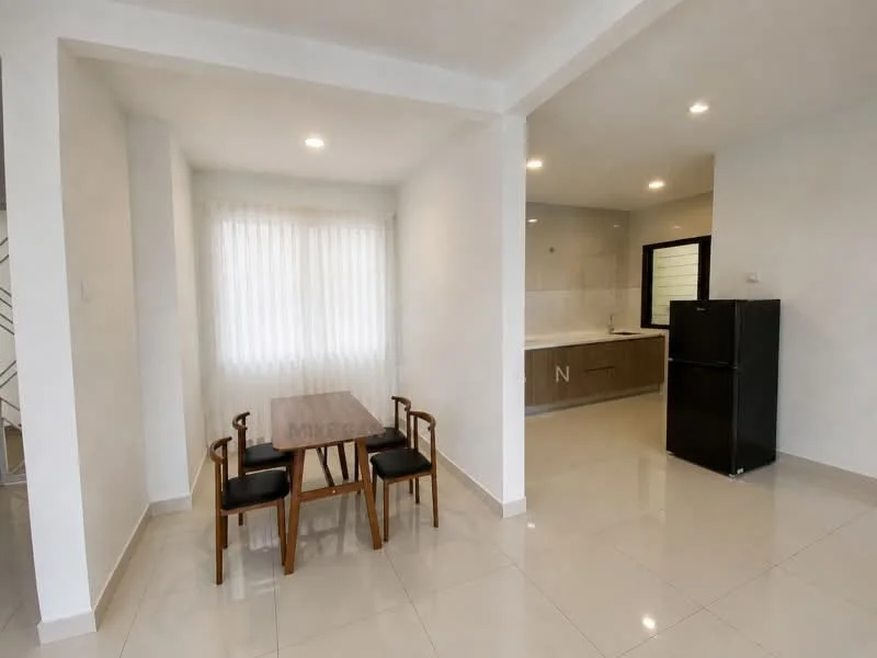 Dining features: dining table with four chairs, white walls, tile flooring, large window with sheer curtains, recessed lighting; style: modern. Kitchen features: stainless-steel fridge, white cabinetry, grey countertop, built-in oven, ceramic tile backsplash, sink, wall-mounted cabinets, open layout to dining area; style: modern.