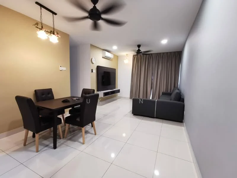 Living features: grey fabric sofa, 4-seater dining table with black upholstered chairs, wall-mounted TV, TV console, recessed LED downlights, 2 ceiling fans, cream painted walls, light grey accent wall, white tiled flooring, curtains, clock on wall; style: modern.