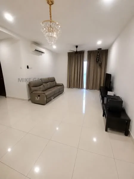 Living features: 3-seater fabric sofa in grey, chandelier, 5-blade ceiling fan, floor-to-ceiling windows, curtains in beige, wall-mounted TV, TV console in black, polished ceramic tile flooring, white painted walls, air conditioning unit; style: modern.