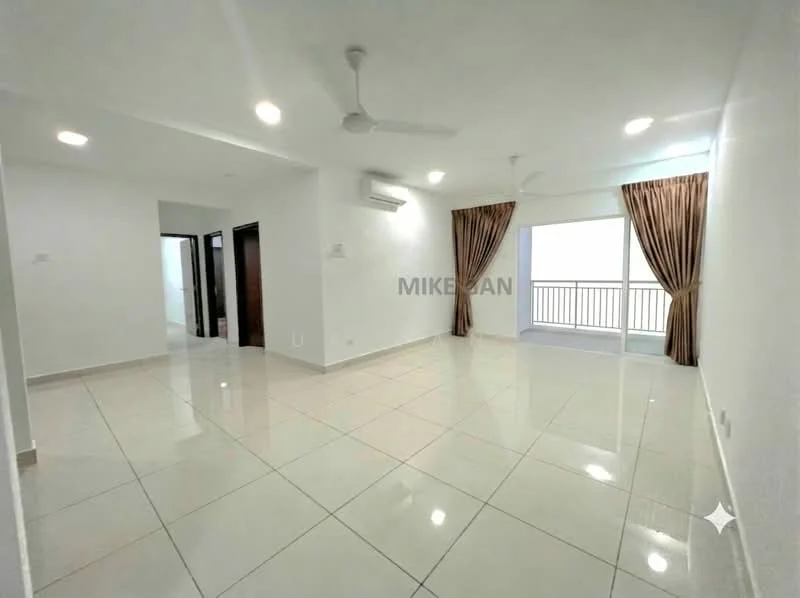 Living features: white painted walls, glossy ceramic tile flooring, recessed downlights, 5-blade ceiling fan, floor-to-ceiling windows, curtains in brown, air conditioning unit, balcony access; style: modern; view: city.