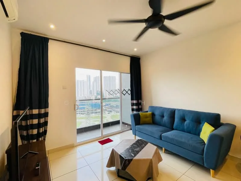 Living features: 3-seater fabric sofa in blue, coffee table, wall-mounted TV, floor-to-ceiling sliding glass door, sheer curtains, ceiling fan with light, white painted walls, tile flooring, decorative cushion in yellow, area rug, view of city skyline; style: modern; view: city.
