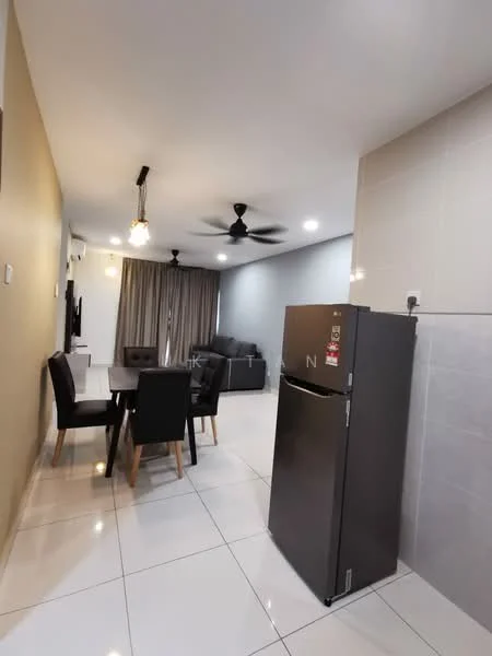 Dining features: white tiled flooring, grey painted walls, 5-blade ceiling fan with light, dining table for 4, black dining chairs, refrigerator in dark grey, wall-mounted TV, curtains, sofa in dark grey, light fixtures; style: modern.