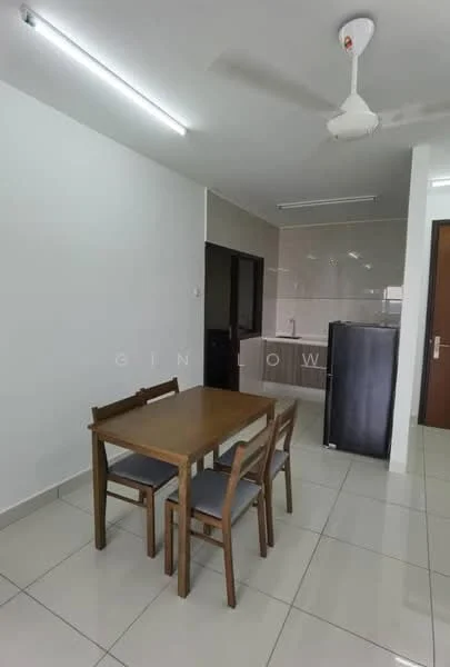 Dining features: square wooden dining table, 4 wooden dining chairs, white painted walls, glossy tile flooring, ceiling fan with light, refrigerator, kitchen area visible in background, kitchen countertop, sink visible in kitchen area; style: modern.