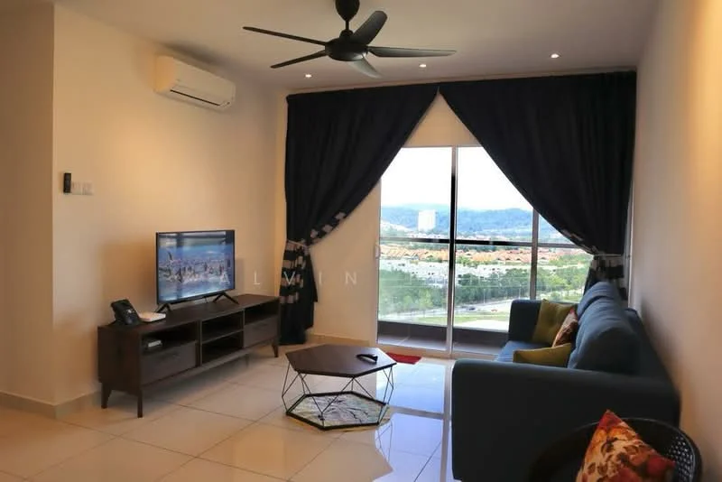 Living features: 5-blade ceiling fan with light, wall-mounted TV, wooden TV console, sofa in blue fabric, coffee table with geometric design, floor-to-ceiling windows, blackout curtains, white painted walls, glossy tile flooring, decorative cushion, area rug; style: modern; view: city.