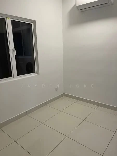 Room features: white painted walls, glossy ceramic tile flooring, single window with white frame, wall-mounted split AC.