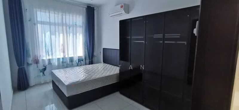 Bedroom features: queen-size bed, built-in wardrobe with sliding doors, white walls, floor-to-ceiling window with sheer curtains, air conditioning unit, glossy tile flooring, decorative curtain rods, bedside area with no visible furniture; style: modern.