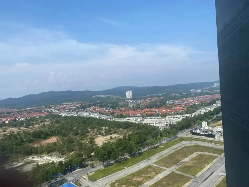 Exterior type: high-rise condominium; features: city skyline view, surrounded by greenery, hills in background, urban residential area, open landscape, clear blue sky; style: modern.