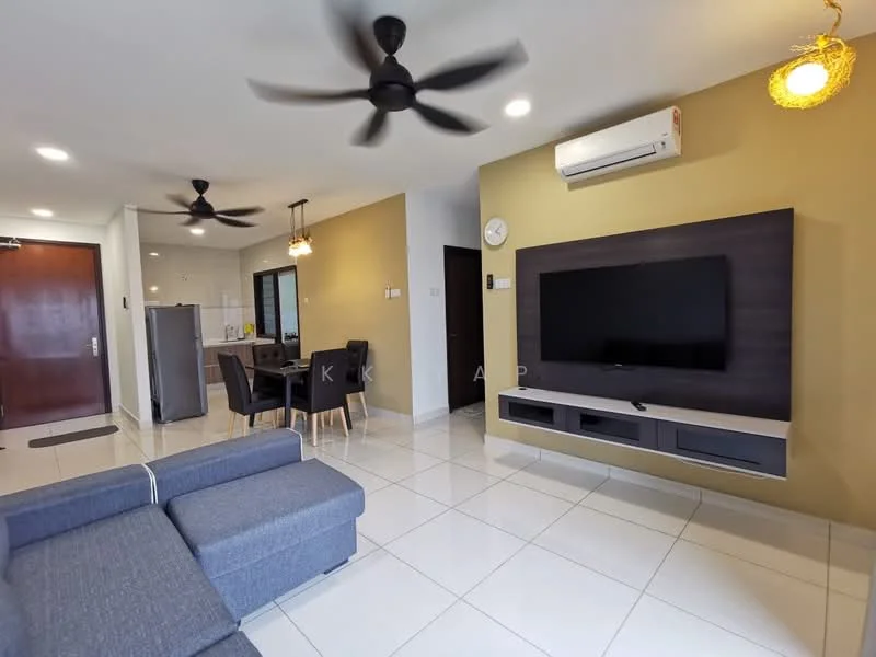 Living features: L-shape sectional sofa in grey, wall-mounted TV, TV console with storage, recessed downlights, 2 ceiling fans, white tiled flooring, feature wall in mustard yellow, air conditioning unit, decorative wall clock; style: modern. Dining features: 4-seater dining table, wooden dining chairs; style: modern. Kitchen features: stainless-steel fridge, open layout to living area; style: modern.