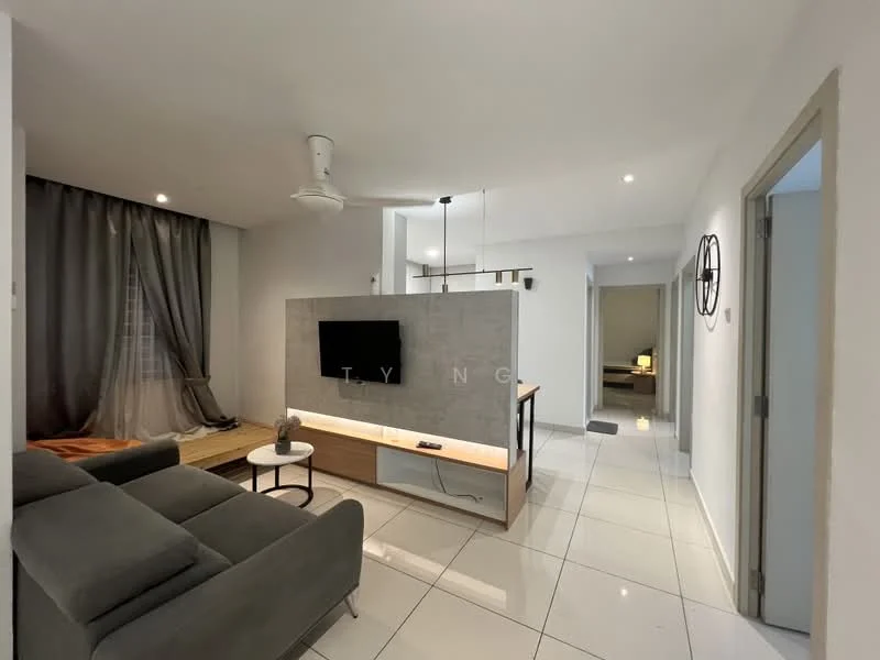 Living features: grey fabric sofa, wall-mounted TV, concrete feature wall, wooden TV console, recessed ceiling lights, 5-blade ceiling fan, large window with sheer curtains, white tiled flooring, decorative wall clock; style: modern. Room features: white walls, doorway leading to other rooms, neutral decor.