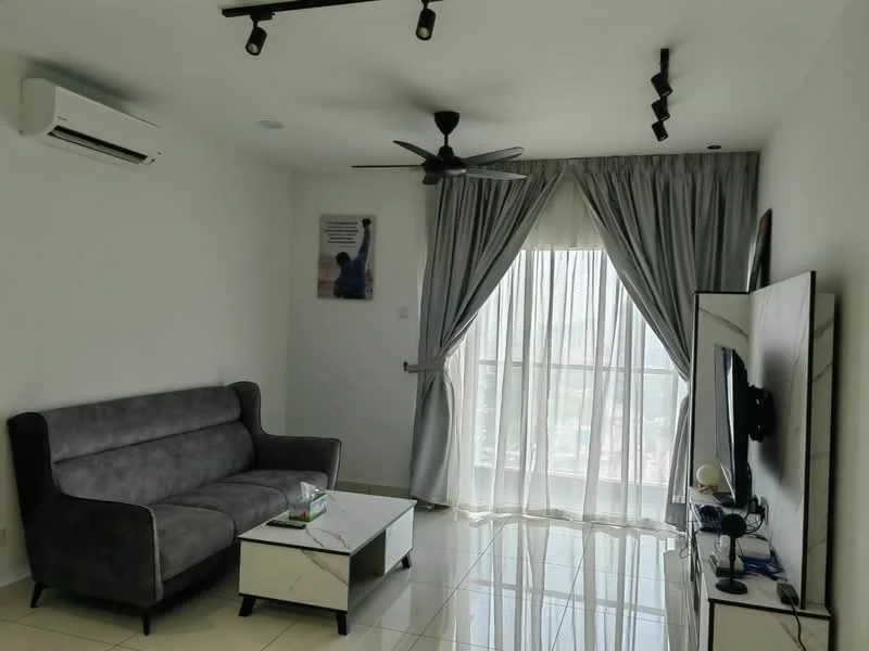 Living features: grey fabric 3-seater sofa, white coffee table, floor-to-ceiling windows, sheer curtains, 5-blade ceiling fan with light, wall-mounted TV, white painted walls, glossy tile flooring, decorative wall art, air conditioning unit; style: modern; view: city.