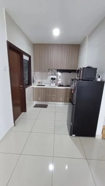 Kitchen features: white tiled walls, light brown wooden cabinetry, black countertop, stainless-steel sink, chrome pull-down faucet, built-in gas stove, microwave, black refrigerator, ceramic tile flooring, recessed downlights, window with black frame, kitchen exhaust hood; style: modern.