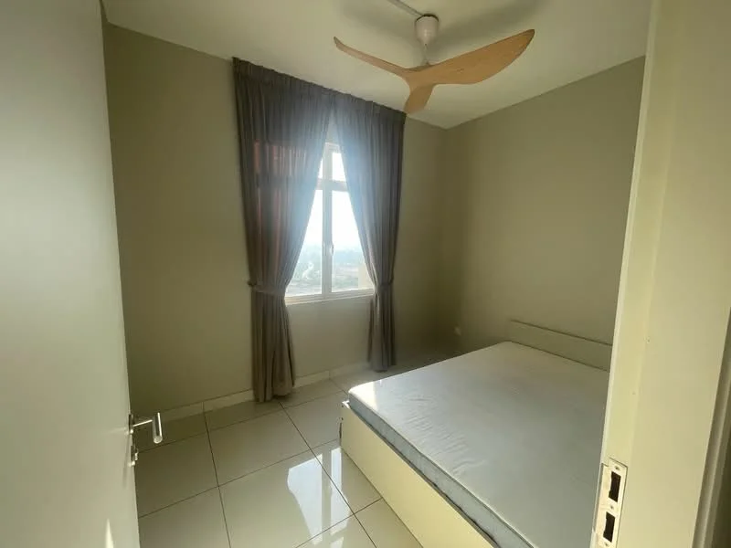 Bedroom features: single bed, ceiling fan with wooden blades, floor-to-ceiling window, grey curtains, light-colored walls, glossy tile flooring, bed frame without mattress, natural light from window; style: modern; view: city.