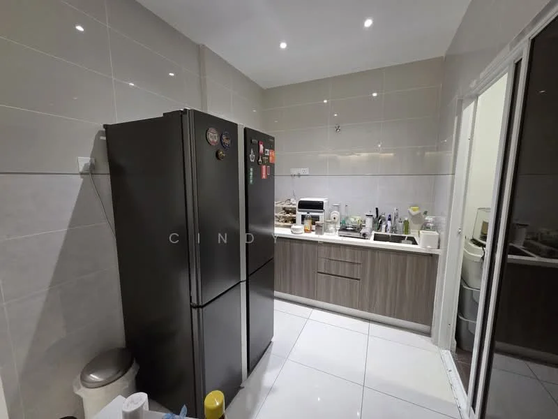 Kitchen features: black stainless-steel fridge, wood cabinetry, white countertop, double-bowl stainless-steel sink, chrome pull-down faucet, ceramic tile flooring, grey tiled walls, recessed downlights, microwave, kitchen appliances on countertop, open shelving, garbage bin; style: modern.
