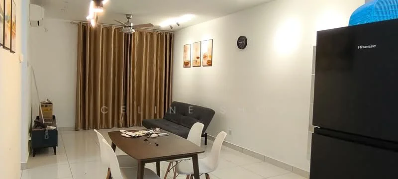 Living features: grey fabric sofa, white walls, cream curtains, recessed downlights, ceiling fan, wall clock, white tiled flooring, black refrigerator, dining table with four chairs, decorative artwork on walls; style: modern.