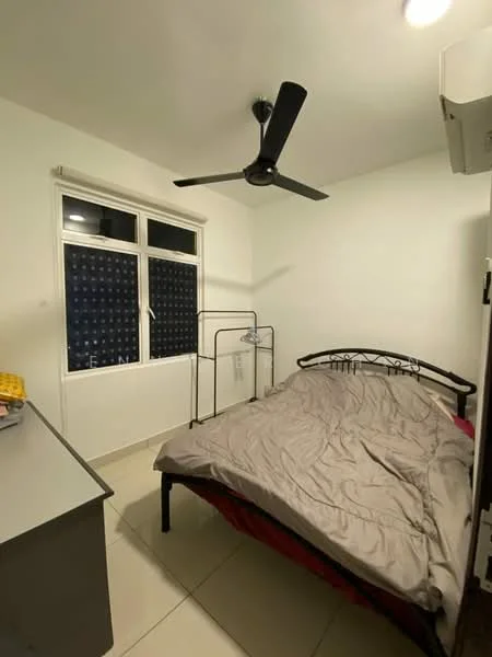 Bedroom features: queen-size bed with grey bedding, black metal bed frame, white painted walls, tile flooring, ceiling fan, window with dark blue curtains, desk with grey surface, clothes rack, air conditioning unit; style: modern.