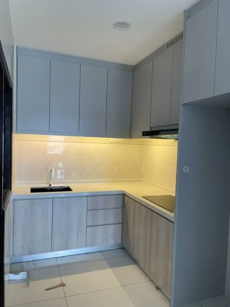 Kitchen features: grey upper cabinets, wood lower cabinets, white tiled backsplash, stainless-steel sink, chrome pull-down faucet, built-in induction cooktop, under-cabinet lighting, white ceramic tile flooring; style: modern.