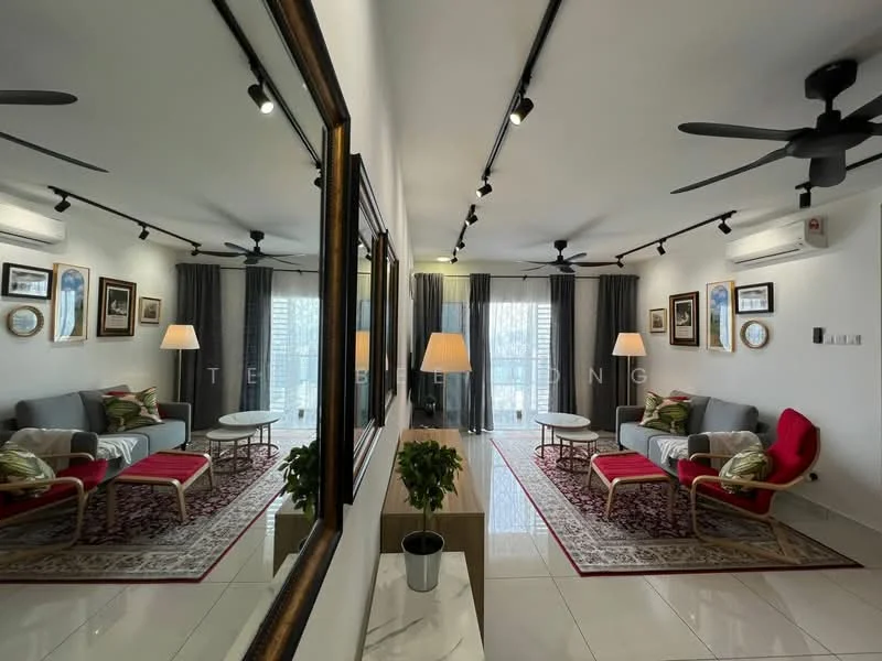 Living features: 3-seater fabric sofa in grey, 2-seater fabric sofa in red, coffee table, area rug with geometric pattern, wall-mounted TV, framed artwork, decorative mirror, 5-blade ceiling fan with light, recessed LED downlights, floor-to-ceiling windows, curtains, marble flooring; style: modern; view: city.