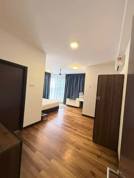 Room features: wooden flooring, white painted walls, large window with sheer curtains, ceiling lights, built-in wardrobe, bed frame without mattress, desk with chair, TV console, dark wood furniture; style: modern.