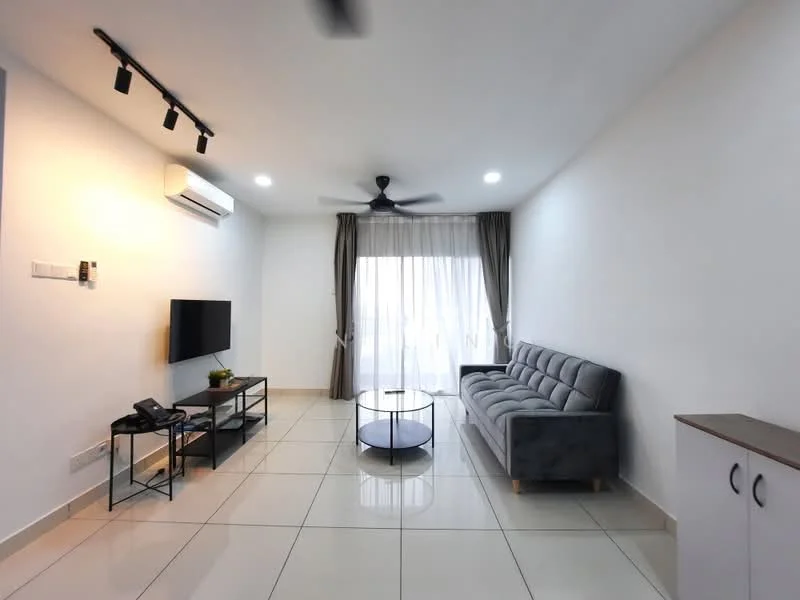 Living features: grey fabric sofa, round glass coffee table, wall-mounted TV, black metal TV console, white painted walls, glossy tile flooring, 5-blade ceiling fan, recessed LED downlights, floor-to-ceiling window with sheer curtains; style: modern.