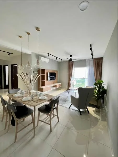Dining features: 6-seater dining table, wooden dining chairs, decorative vase with branches, table setting with plates and cutlery, pendant lighting with three bulbs, white walls, large windows with sheer curtains, floor-to-ceiling windows, light-colored flooring, ceiling fan with light, wall-mounted TV, wooden TV console, green indoor plant; style: modern; view: garden. Living features: armchair, area rug, wall-mounted TV, wooden TV console, large windows with sheer curtains, ceiling fan with light; style: modern; view: garden.