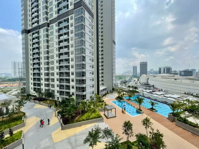 Exterior type: high-rise condominium; features: glass curtain wall, white painted facade, recessed balconies, infinity pool, pool deck with loungers, landscaped garden with palm trees, manicured lawn, children's playground, jogging track, surrounded by mature greenery; style: modern.