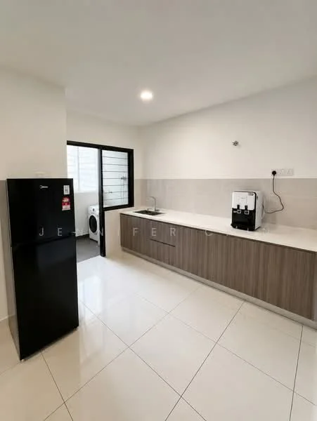 Kitchen features: black fridge, white countertop, wood cabinetry, single-bowl stainless-steel sink, chrome pull-down faucet, built-in coffee machine, white walls, tile flooring, window with view to outdoor area, washing machine, light fixture; style: modern.