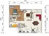 Floor plan: 2-bedroom 2-bathroom unit; features: open-plan kitchen-dining-living, master bedroom with ensuite bathroom, bedroom 2 with shared bathroom, balcony off living room, utility room, central foyer, 1 car porch, dining area with 6-seater dining table, living area with sofa, kitchen with island, laundry area.
