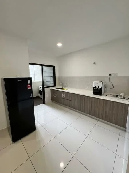 Kitchen features: black fridge, white countertop, wood cabinetry, white tiled backsplash, ceramic tile flooring, single-bowl stainless-steel sink, chrome pull-down faucet, built-in water dispenser, recessed downlights, window with sheer curtains; style: modern.