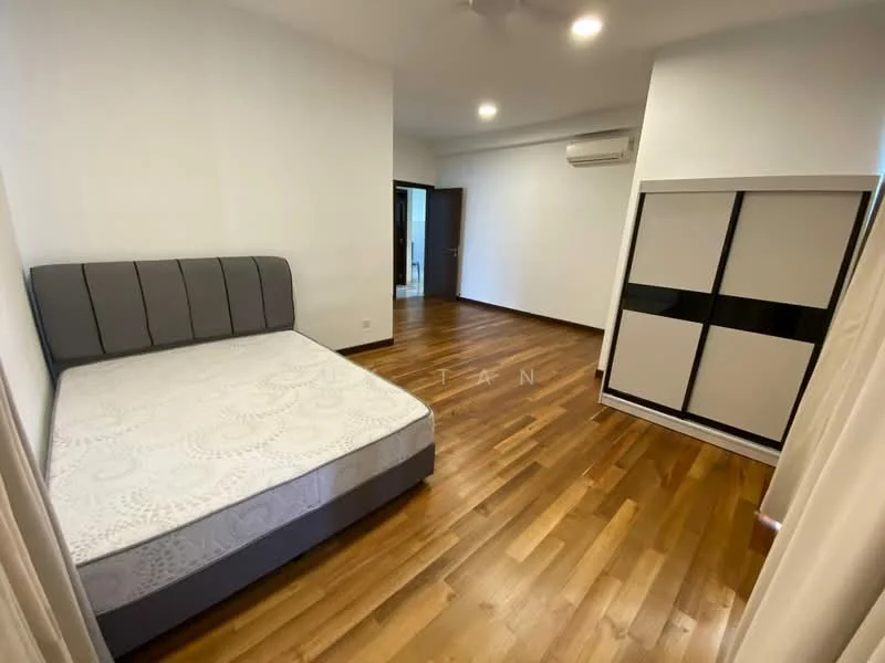 Bedroom features: queen-size bed frame without mattress, wooden flooring, white painted walls, 1 wall-mounted split AC, built-in wardrobe with sliding doors, ceiling fan, natural light from window, neutral color scheme; style: modern.