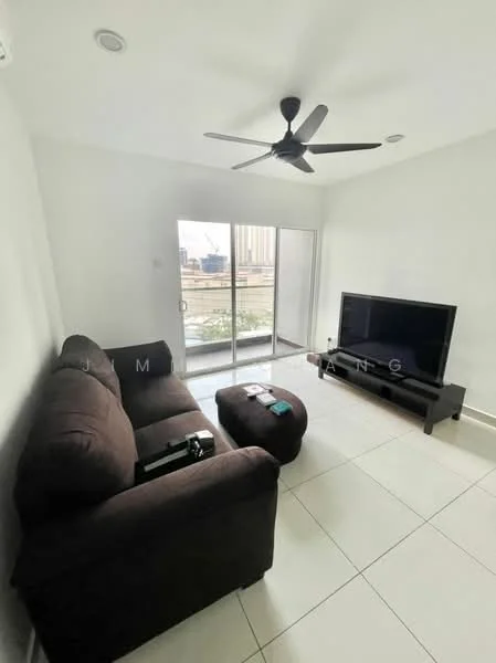 Living features: 3-seater fabric sofa in dark brown, ottoman, wall-mounted TV, floor-to-ceiling sliding glass door, white painted walls, tile flooring, ceiling fan with light, natural light from sliding door, decorative items on coffee table; style: modern; view: city.