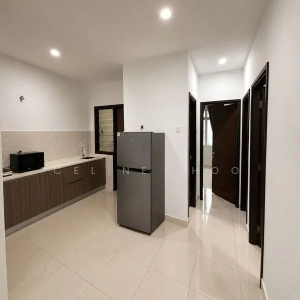 Kitchen features: white painted walls, cream tiled backsplash, laminate cabinetry in brown, stainless-steel fridge, built-in microwave, ceramic tile flooring, recessed downlights, single-bowl stainless-steel sink, chrome pull-down faucet; style: modern. Hallway features: white painted walls, ceramic tile flooring, door frames in dark wood, recessed downlights; style: modern.