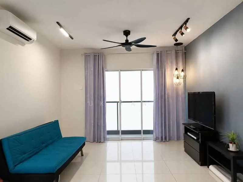 Living features: blue fabric sofa, wall-mounted TV, black TV console, white tiled flooring, air conditioning unit, 5-blade ceiling fan, recessed LED downlights, hanging pendant lights, floor-to-ceiling windows, sheer curtains, grey accent wall; style: modern.