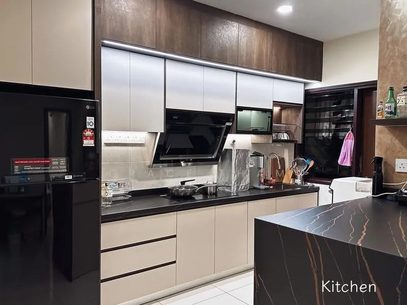 Kitchen features: black granite countertop, light beige cabinetry, stainless-steel built-in oven, stainless-steel range hood, 4-burner gas hob, single-bowl stainless-steel sink, chrome pull-down faucet, black refrigerator, recessed LED downlights, wall-mounted microwave, tile backsplash, white tiled flooring, open shelving, decorative items on shelves; style: modern.