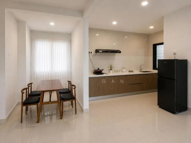 Kitchen features: white painted walls, light grey tiled backsplash, laminate cabinetry in wood finish, black built-in oven, stainless-steel range hood, 4-burner gas hob, single-bowl stainless-steel sink, chrome pull-down faucet, white countertop, floor-to-ceiling window with sheer curtains, recessed LED downlights, polished ceramic tile flooring, black refrigerator, wood dining table with 4 black chairs; style: modern.