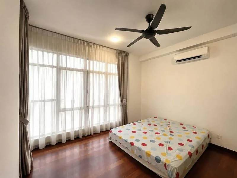 Bedroom features: queen-size bed with polka dot bedding, wooden flooring, floor-to-ceiling windows, sheer curtains, 5-blade ceiling fan with light, wall-mounted split AC, neutral painted walls, decorative wall molding; style: modern.