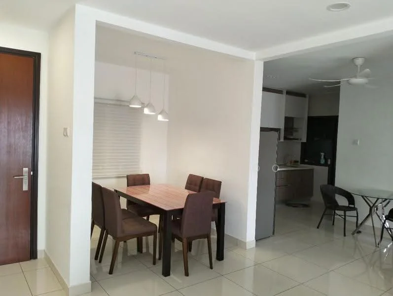 Dining features: 6-seater dining table, brown upholstered dining chairs, pendant lighting with three bulbs, white painted walls, glossy tile flooring, window with blinds; style: modern. Kitchen features: open kitchen layout, stainless-steel fridge, wall-mounted cabinets, countertop, ceiling fan; style: modern.