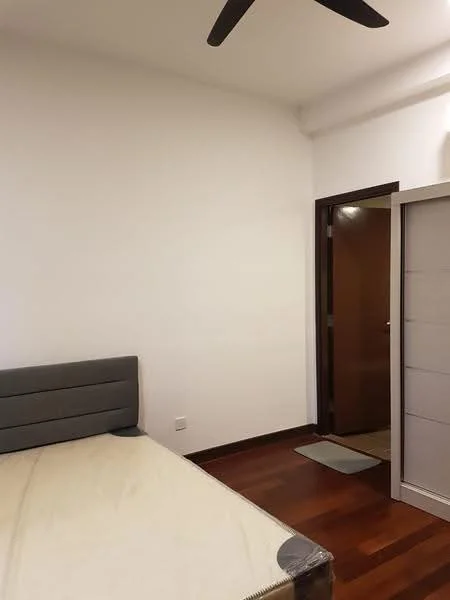 Bedroom features: grey upholstered headboard, wooden flooring, white painted walls, ceiling fan, doorway leading to hallway, empty mattress base, small area rug, built-in wardrobe; style: modern.