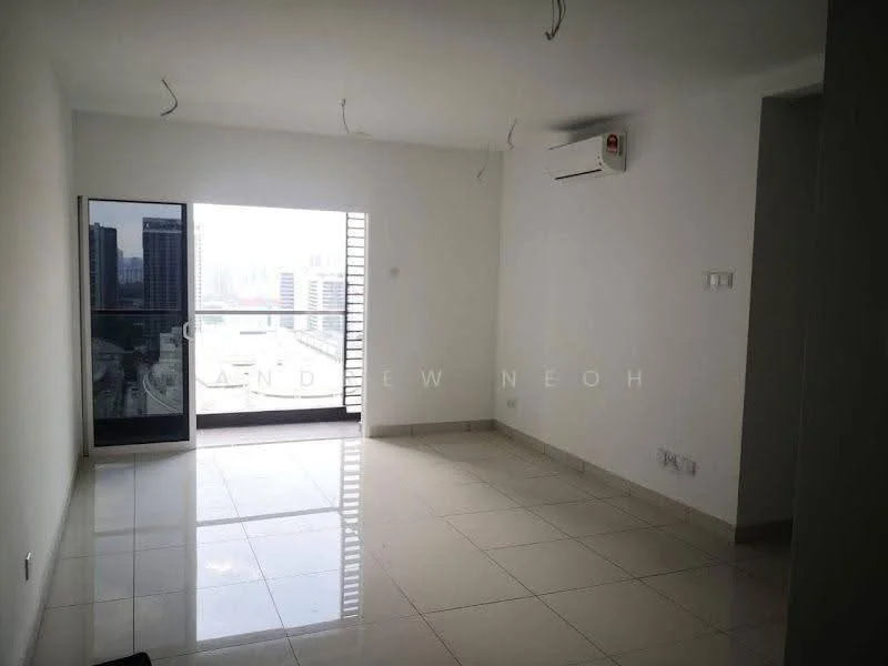 Living features: white painted walls, glossy ceramic tile flooring, floor-to-ceiling windows, sliding glass door, 1 wall-mounted split AC, recessed downlights, neutral color scheme, open layout; style: modern; view: city.