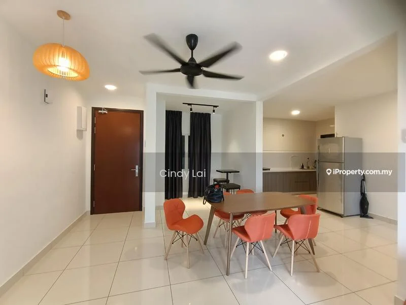 Dining features: round dining table, 4 orange upholstered dining chairs, ceiling fan with 5 blades, white painted walls, tile flooring, recessed downlights, black curtains, kitchen area visible in background, stainless-steel fridge; style: modern.