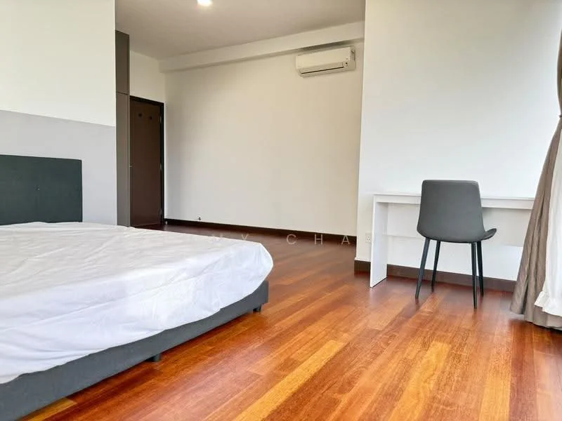 Bedroom features: queen-size bed, wooden flooring, white painted walls, 1 wall-mounted split AC, study desk, grey chair, curtains, built-in wardrobe; style: modern.