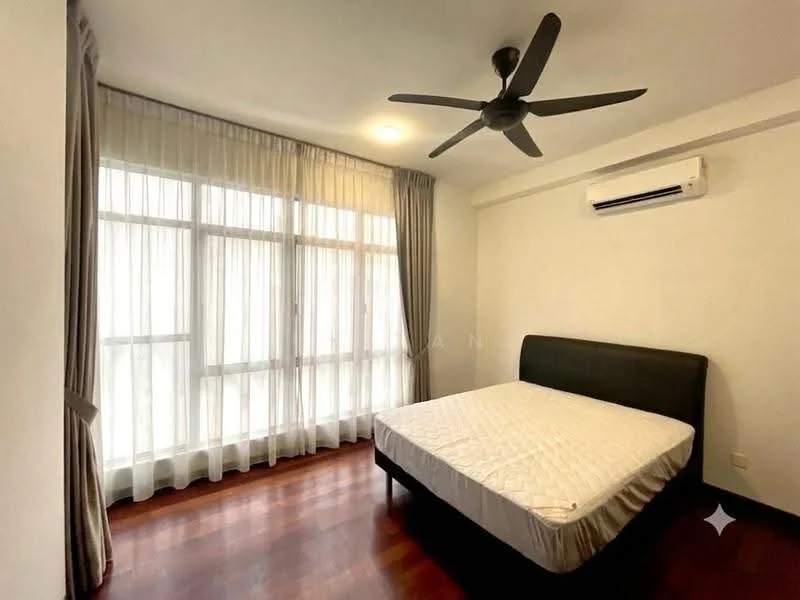 Bedroom features: queen-size bed, 5-blade ceiling fan with light, wall-mounted split AC, floor-to-ceiling windows, sheer curtains, wooden flooring, light-colored painted walls, decorative wall paneling; style: modern.