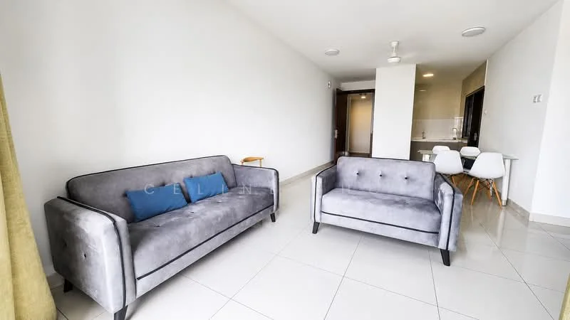 Living features: grey fabric 3-seater sofa, grey fabric 2-seater sofa, blue decorative cushion, white tiled flooring, white painted walls, ceiling fan, recessed downlights, dining table with white chairs, open layout to kitchen, large windows with natural light; style: modern.