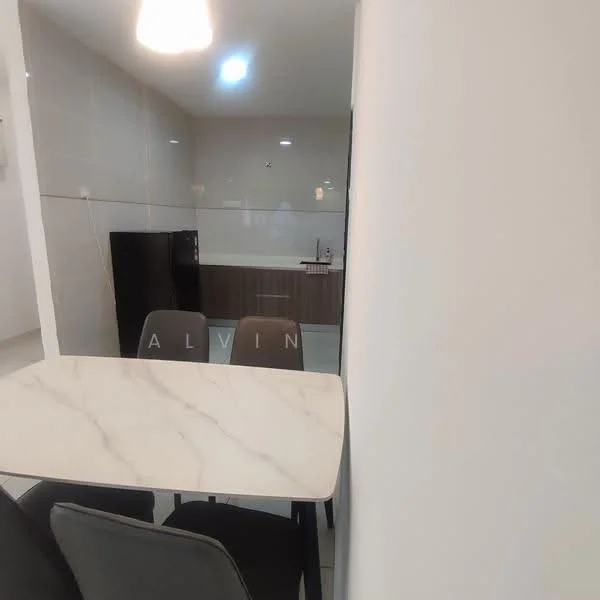 Kitchen features: white marble dining table, 4 grey dining chairs, black refrigerator, brown cabinetry, white backsplash, stainless-steel sink, chrome faucet, recessed downlights, grey tiled flooring, open layout; style: modern.