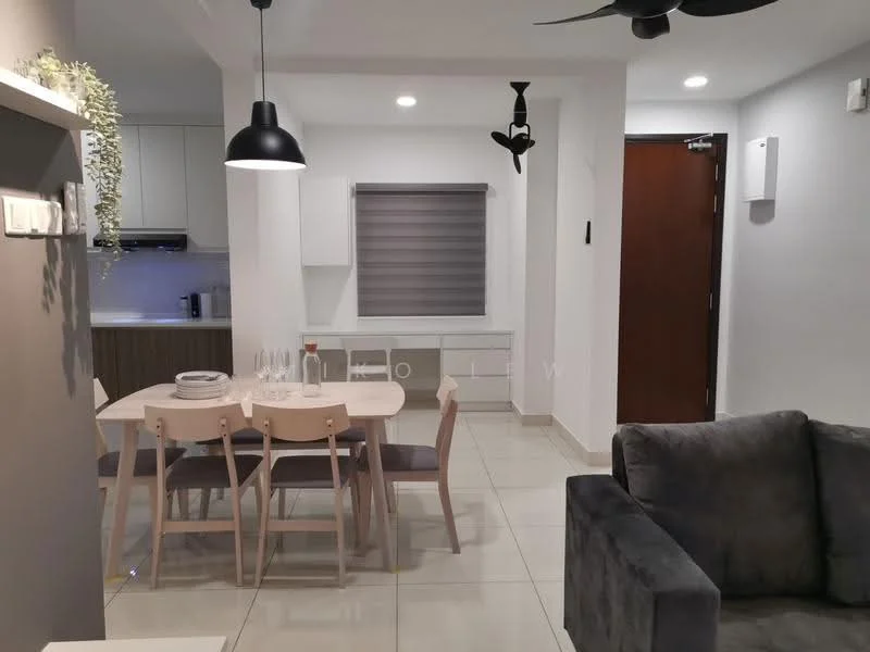 Dining features: round dining table, 4 wooden dining chairs, pendant lamp, recessed downlights, grey roller blinds, white cabinetry, light grey walls, ceramic tile flooring; style: modern. Living features: 3-seater fabric sofa in grey, coffee table, ceiling fan, wall-mounted TV, decorative wall shelf, light grey walls, ceramic tile flooring; style: modern.